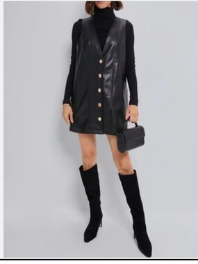 Hyacinth House- Black Faux Leather Pinafore Sleeveless button down dress